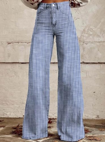 Women's Vintage Striped Bell Bottom Jeans Classic High Rise Wide Leg Baggy Denim Pants Boyfriend Jeans Pockets2