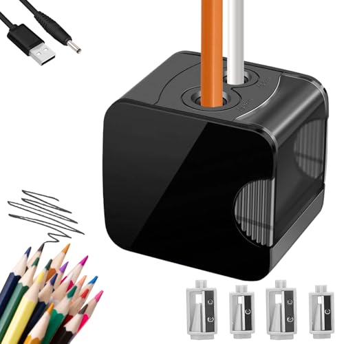 WELLXUNK Elektrischer Bleistiftspitzer mit Behälter, Doppelloch, Automatischer Spitzer für Kinder, Schwarz, Batteriebetrieben, ABS, PENCIL_SHARPENER, 7 cm, Schul- und Bürobesteck