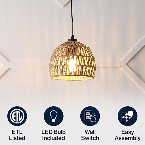Image of JONATHAN Y 8.25 inch Brown Modern Bohemian Woven Rope LED Pendant Light Fixture, Adjustable Dome Ceiling Lamp for Kitchen Island, Rope Shade, Coastal Farmhouse Decor (JYL6512E)