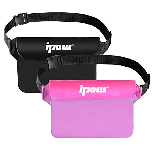 Ipow Waterproof Pouch Bag Case with Adjustable Waist Strap [2 Pack] Transparent Screen Touchable for Beach, Swimming, Boating, Fishing, Hiking - Keep Your Phone and Valuables Safe and Dry (Black+Pink)
