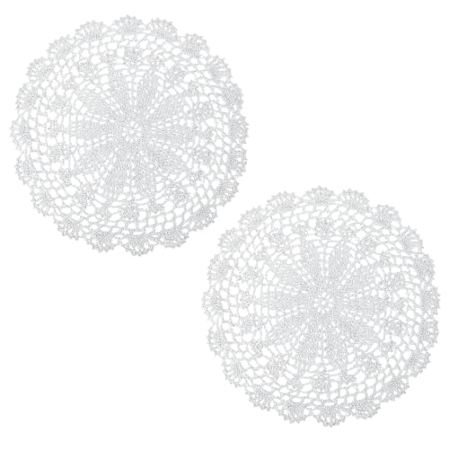 Crochet Doilies, 2 Pcs Round Lace Doilies for Tables Vintage Homemade Cotton Lace Placemats Corrugated Edge Knitted Tablecloth for Home Kitchen Dining Room Wedding Party Decor (White)