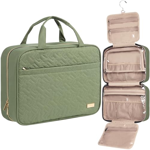 Image of NISHEL Travel Toiletry Bag for women, Portable Hanging Organizer for Family-Sized Shampoo, Conditioner, Brushes Set, Makeup Accessories, Extra Large Size, Green