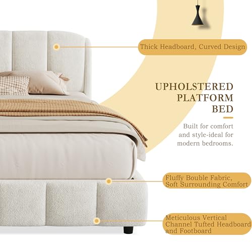 Christopher Knight Home Beige Queen Size Platform Bed, Bed Frame with Boucle Fabric Headborad, Upholstered Curve-Shaped Design Headboard, Wood Bed Support and Slat, Easy Assembly