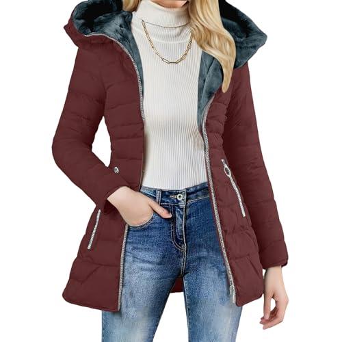 Cowyams Abrigo de invierno para mujer, con forro cálido, chaqueta acolchada de longitud media, elegante chaqueta de invierno, chaqueta con capucha, chaqueta de color sólido, chaqueta acolchada cómoda