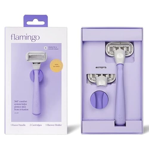 Flamingo Lâmina feminina de 5 lâminas: cabo de barbear lilás com suporte de chuveiro + 2 refis de lâ
