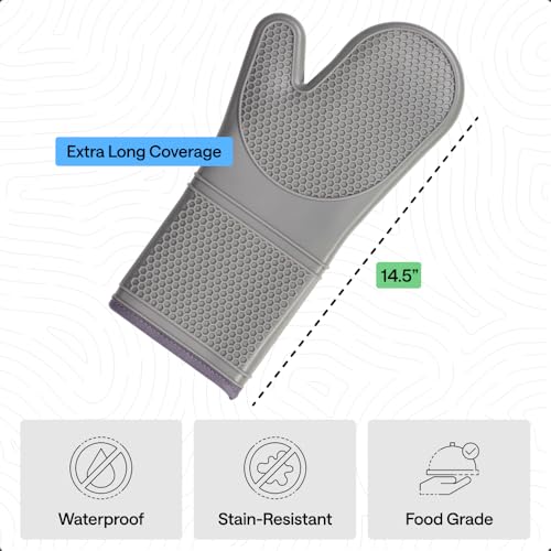 Image of GORILLA GRIP BPA-Free Soft Silicone Oven Mitts, 14.5x8.3, Heat Resistant and Waterproof Cooking Gloves, Thick Cotton Lining, Flexible Gripping for Baking Grilling, Kitchen Potholders Set of 2, Gray