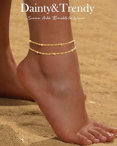Image of FUNEIA Gold Silver Ankle Bracelets for Women Waterproof 14K Gold Plated Anklets for Women Non Tarnish Dainty Layered Beaded Heart Anklet Set Summer Beach Foot Chain Jewelry Gifts Trendy Stuff