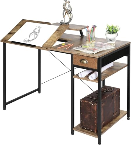 108.5*50*77cm, Mesa de Desenho, Mesa de Arte para Mesa de Desenho de Escritório em Casa, Mesa de Artesanato Inclinável com Painel de Bordo de Armazenamento, Ccom Suporte para Computador