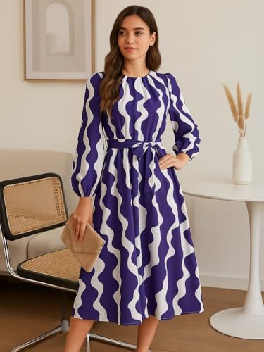 Leriya Fashion Women’s A-Line Midi Dress | Long Sleeve Belted Fit and Flare Gown | Elegant Printed Casual Outfit