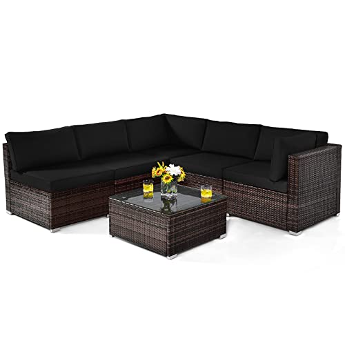COSTWAY 6-Piece Outdoor Patio Furniture Set, Rattan Sectional Sofa Set with Tempered Glass Coffee Table and Cushions for Garden, Deck, Backyard (Black)