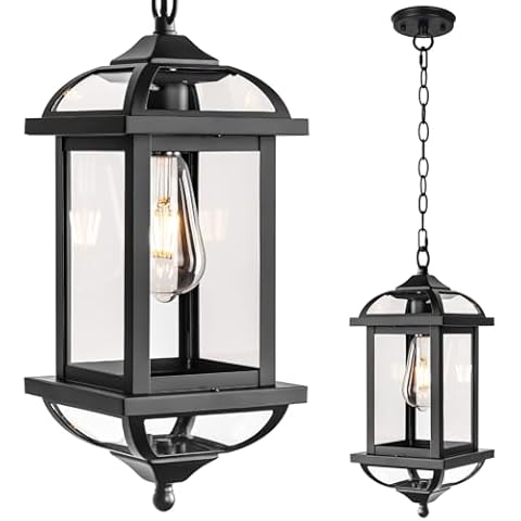Large Outdoor Pendant Light Fixture Ceiling 16 Inch, Anti-Rust Aluminum Outdoor Chandelier for Porch with IP65 Waterproof Clear Glass Exterior Ceiling Mount Hanging Light, Matte Black Cover