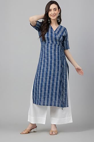 Image of Janasya Women's Navy Blue Pure Cotton Geometric Straight Kurta