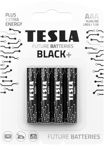 Tesla Batteries Black+ AAA Maximum Power Alkaline Batteries, 10- Year Shelf Life, A Long-Lasting Battery Life, Leak-Free, 4 Count [Pack of 1]