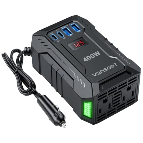 400W Car Power Inverter DC 12V to 110V AC Inverter with PD 30W/15W USB C+2*USB A Ports & 2 AC Outlets, Car Plug Adapter Outlet for Laptop/Phone/Road Trip
