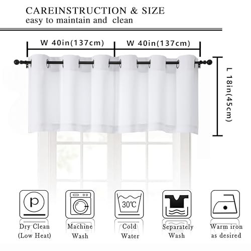 Image of Simplebrand Pure White Kitchen Valances for Windows 18 Inches Long 2 pack, Light Filtering Window Valances for Living Room, Grommet Short Straight Drape Kitchen Curtains for Bedroom Kids Room, 40Wx18L