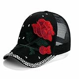 Embroidered Rose Hat for Women, Jeweled Rhinestone Bling Hat, Adjustable Baseball Cap, Floral Lover Gift (One Size,Black Mesh)