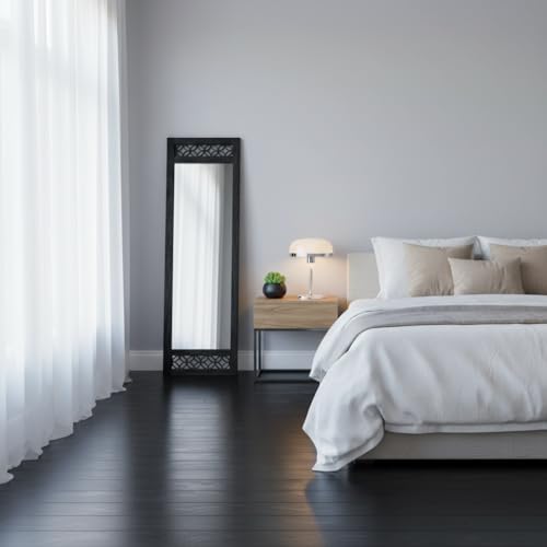Image of APRODZ Solid sheesham Wood Full Length Floor Mirror for Bedroom Living Room Dressing Area Rectangular Mirror with Carved Sheesham Wood FrameModern Home Decor Furniture (Black)