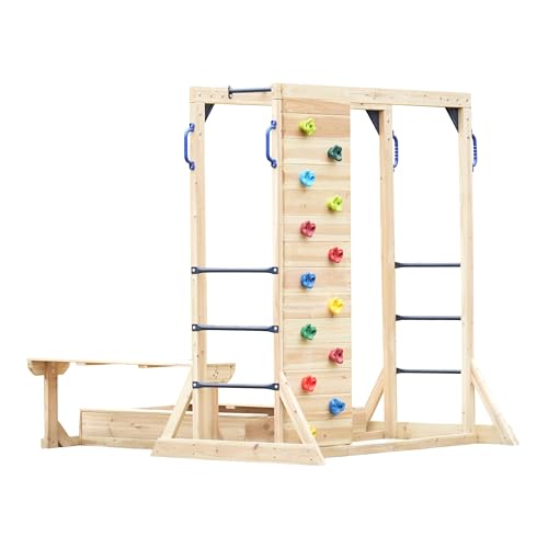 Aire de jeux en bois avec mur d'escalade enfant et bac à sable AXI Dex pour grand jardin
