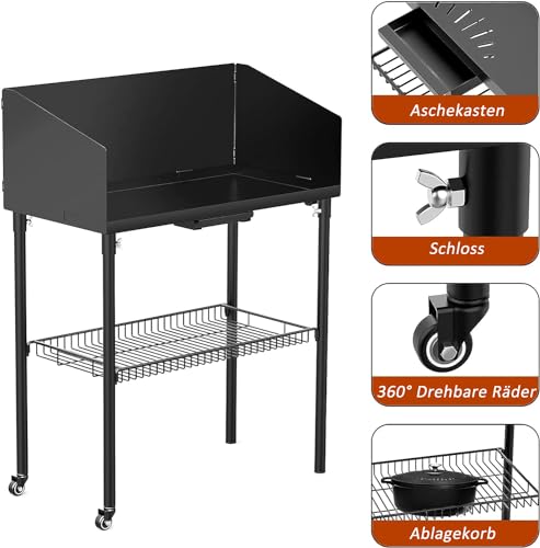 Onlyfire Dutch Oven Tisch 76 * 41cm, Outdoor Grillwagen Grilltisch mit Windschutz, Abstellfläche für Feuertopf Bräter und Grillzubehör