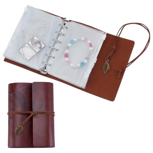 FINGERINSPIRE Pequeño libro rectangular de almacenamiento de joyas con patrón de hojas, organizador de joyas de viaje de cuero con 12 bolsas de PVC portátil mini organizador de joyas para aretes y