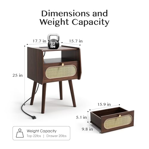 Image of JOINICE Mid Century Modern Nightstand Set of 2 with Charging Station | Rattan Bedside Table with Storage, Walnut Boho End Table with Wooden Legs, Suitable for Bedroom, Living Room, Easy Assembly