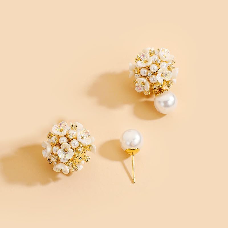 White Pearl Flower Cluster Ball Earrings for Women, Hypoallergenic Waterproof Big Pearls Stud Earrings Fashion Noble Prom Jewelry Gifts - Image 5