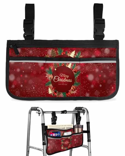 Anzona Merry Christmas Wheelchair Side Bag Walker Bag, Happy New Year Ball Pine Red Wheelchair Accessories Armrest Pouch, Organizer Storage Bag for Walkers, Rollators, Scooters, 7.3''x13''