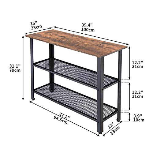 RokiaTek Console Sofa Table with 2 Mesh Shelves, 39.4\" Long Narrow Entryway Table, Industrial Sofa Table with Metal Frame for Entryway Living Room Kitchen, Rustic Brown and Black