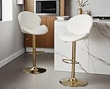 CIMOTA Faux Leather White Bar Stools Set of 2 Adjustable Height Bar Chairs Modern Swivel Barstools with Shell Shape Back Kitchen Stools for Island/Home Bar/Counter, (Gold Base/PU Cream White)