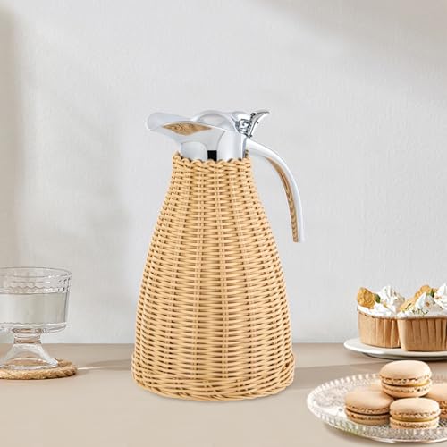Jarra de café térmica de acero inoxidable, doble pared aislada al vacío con cuerpo de ratán hecho a mano, mantiene los líquidos calientes durante 24 horas