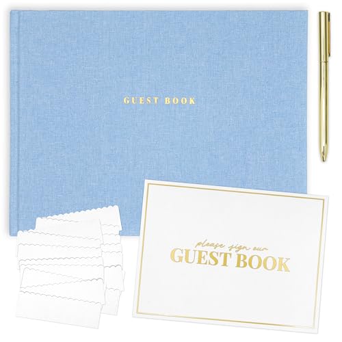 ELYN Linen Guest Book, Sign in Book for Wedding Reception, Birthday, Baby Shower & Events, Matching Gold Gel Pen, Photo Pockets & Table Sign, 80 Pages (Blank & Lined), Large, 11.5 in x 8.5 in (Blue)