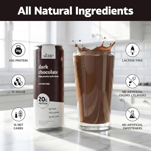 Image of Slate Milk - High Protein Milk Shake - Dark Chocolate - Lactose Free, 20g Protein, 1g Sugar, 100 Calories, 1g Net Carbs, No Added Sugar - Natural, Breakfast Boost, Post Workout - 11 fl oz, 48 Cans
