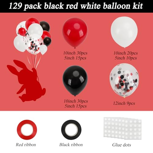 Image of RUBFAC 129pcs Red Black White Balloons Confetti Garland Arch Kit for Graduation BBQ Casino Theme Party Decorations Poker Card Racing Car Birthday Supplies