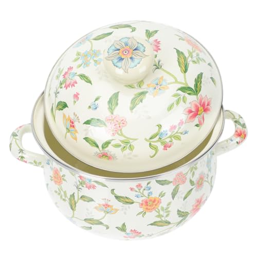 Mikikit Olla de Cocina Esmaltada Vintage con Doble Asa y Tapa Floral Sartén Multifunción Ligera para Sopas Leche y Guisos Compatible con Inducción y Gas para Madres y Cocina Diaria