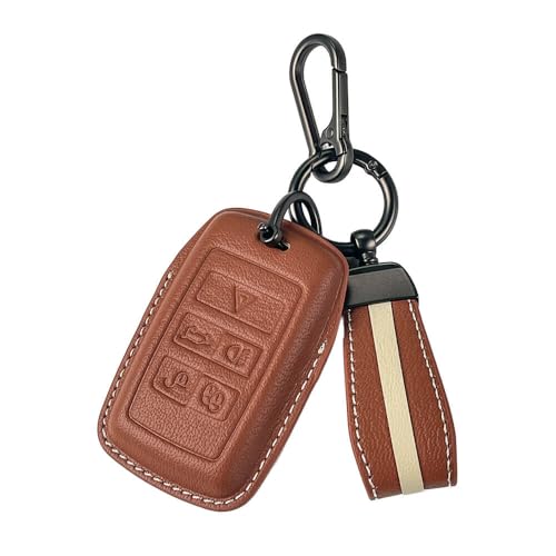Image of Keyzone Royal Leather Key Cover for XF XJ XE F-PACE F-Type Evoque Velar Discovery LR4 Sport 5 Button smart Key (Cognac Brown)