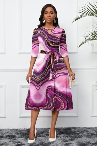 Image of CLOCOR Midi Dresses for Women Casual A-Line Fit and Flare Dress Crewneck 3 /4 Sleeve Keyhole Cocktail Party Church Dress