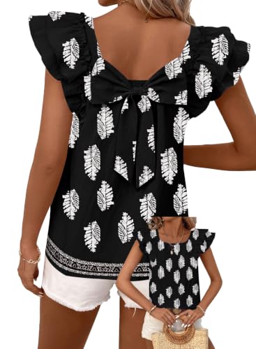 Image of Falechay Womens Bow Tie Back Tops Round Neck Ruffle Short Sleeve Shirts Cute Babydoll Chiffon Tee Women Summer Trendy Tunic