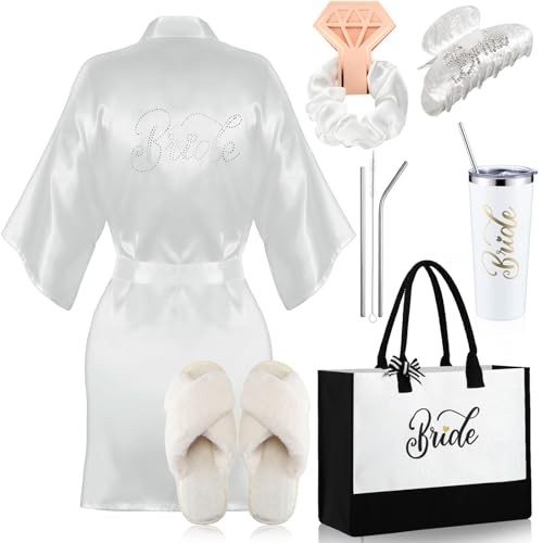 6 Pcs Wedding Bridal Gifts Bridal Robe Sets with Slippers 20 oz Bride Tumbler Canvas Tote Bag White Satin Scrunchies Hair Clip Wedding Day Robe for Women Engagement Bachelorette Party