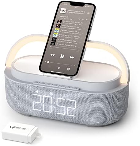 【2023 Newest】 Bluetooth Speaker with Digital Alarm Clock, Wireless Charger, FM Clock Radio, Adjustable LED Night Light, Dual Wireless Speakers,2500mAh Battery for Bedroom,Home, Adaptor (Gray)
