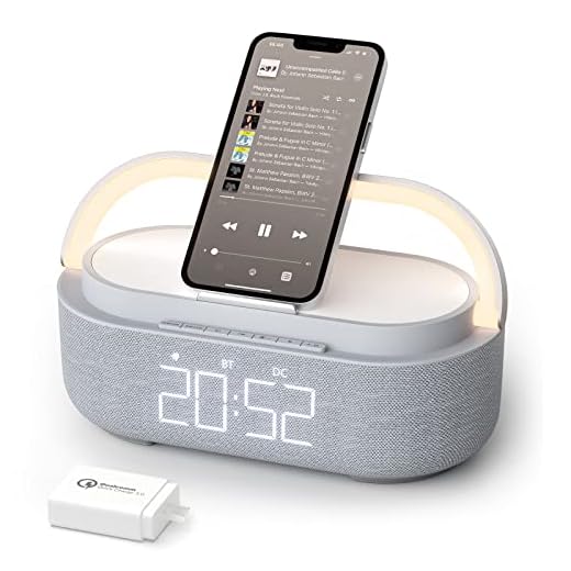 【2023 Newest】 Bluetooth Speaker with Digital Alarm Clock, Wireless Charger, FM Clock Radio, Adjustable LED Night Light, Dual Wireless Speakers,2500mAh Battery for Bedroom,Home, Adaptor (Gray)