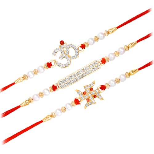 Image of Peora Om Shree Ram Swastik Rakhi for Brother Bhaiya | Crystal & Beads Studded | Red Thread | Raksha Bandhan Hamper with Roli Chawal Greeting Card