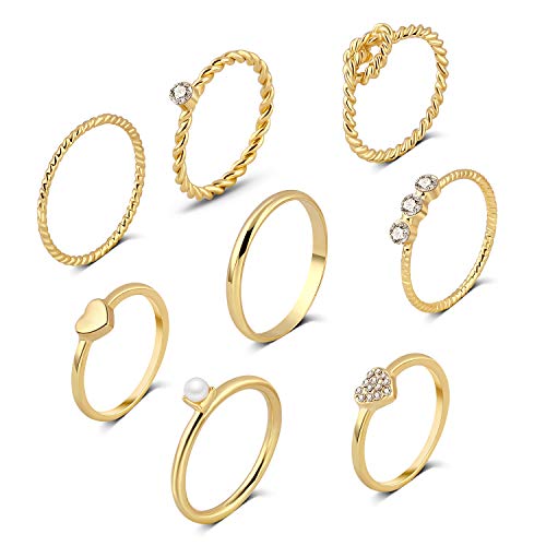 8Pcs Gold Boho Stacking Knuckle Rings Set for Women Teen Girls 14k Gold Plated Rhinestone Pearl Midi Finger Joint Rings Sets