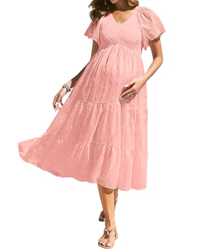 Image of Pinup Fashion Maternity Summer Dress Baby Shower Easter Pregnancy A-Line | Smocked V-neck, flutter sleeves, breathable floral fabric, bump friendly, perfect for photoshoot, spring casual,postpartum