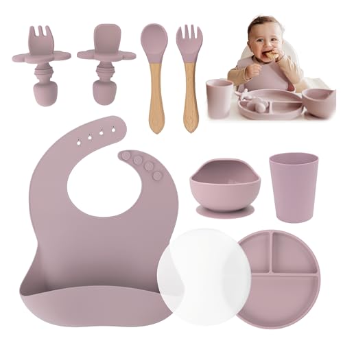 Image of Yunioo Extra Heavy Silicone Baby Feeding Set Essentials, Premium 9-Piece Set of Baby Led Weaning Supplies with Silicone Baby Plate with Lid, Superior Suction Bowl and Baby Utensils - Pink