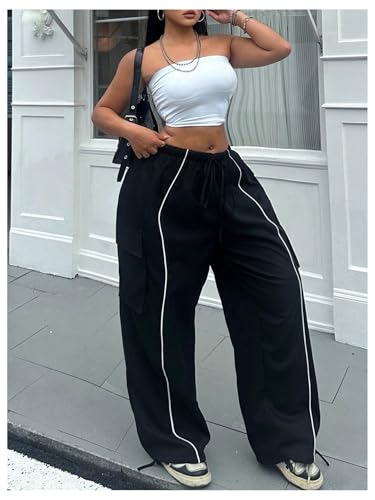 GORGLITTER Women's Plus Size Flap Pocket Cargo Pants Drawstring High Waisted Baggy Parachute Pants3