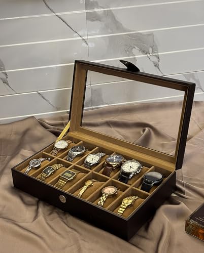 Image of Leather World Faux Leather Watch Box Organizer For Men & Women - Wrist Watch Box Holder 12 Slots - Removable Pillows Display Case - Gift for Loved Ones - Brown