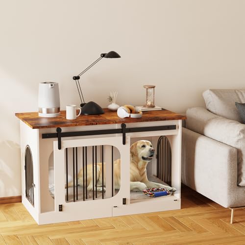 YDTOP XXL Dog Crate Furniture 120cm Wooden Dog Cage with Removable Cushion Three Door Dog Crate with Barn Door Indoor Dog Kennel End Table for Large Extra Large Dogs (Rustic Brown + White)
