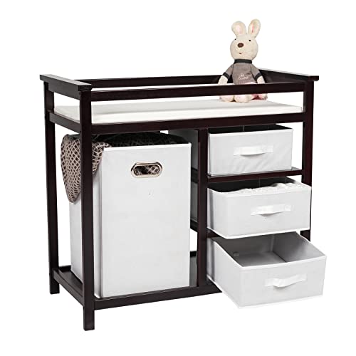 Image of Baby Changing Table for Newborn - kinbor Diaper Changing Station and Dresser, Wood Nursery Organizer with Pad, Laundry Hamper and 3 Storage Baskets, Brown