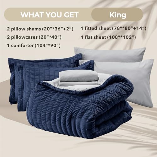 Image of HYMOKEGE Navy Blue /Light Grey King Size Comforter Set Seersucker 7 Pieces, All Season Luxury Bed in a Bag for Bedroom, Bedding Set with Comforter, Sheets, Pillowcases & Shams