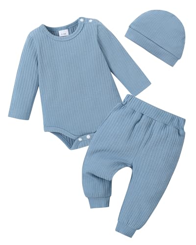 Image of YALLET Baby Boy Clothes Newborn Infant Boy Outfits 3PCS Letter Print/Solid Color Rompe Pants Hat Fall Winter Clothing 0-18M